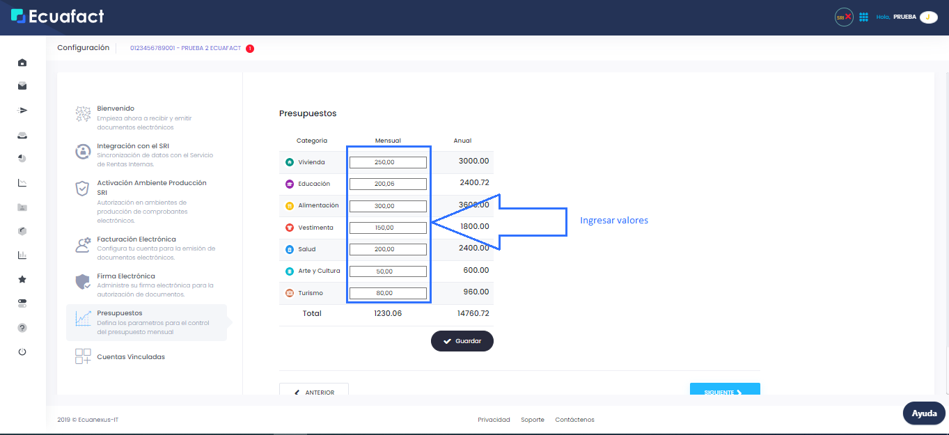Configuración de Presupuesto