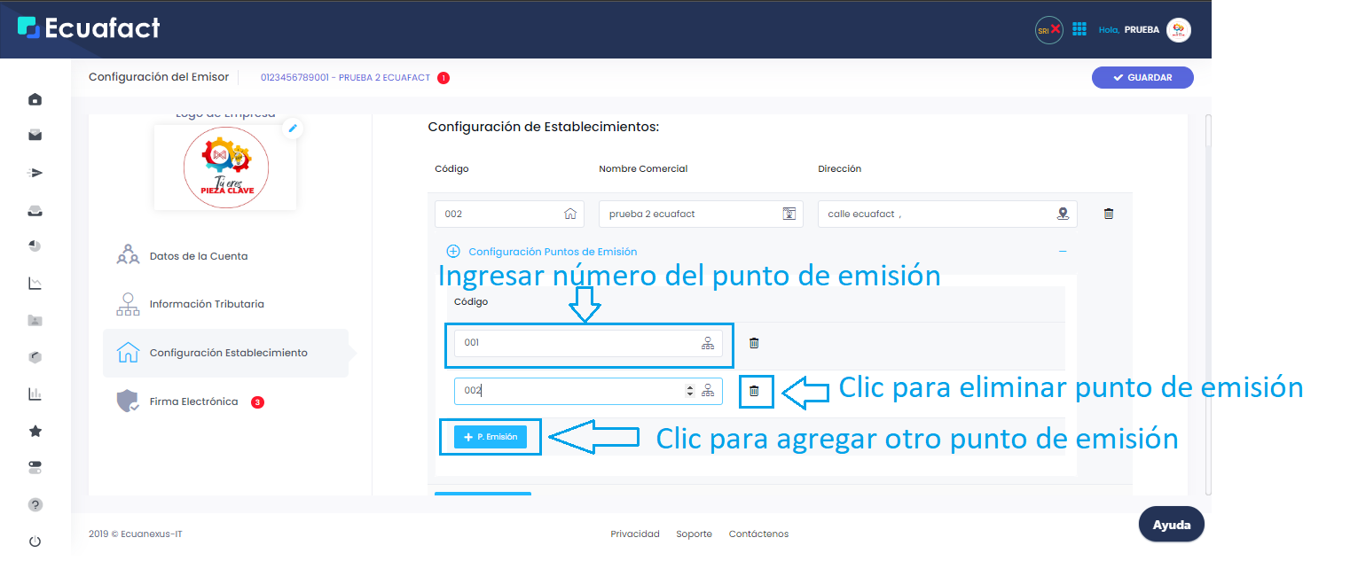 Configuración Establecimiento y Punto de Emisión