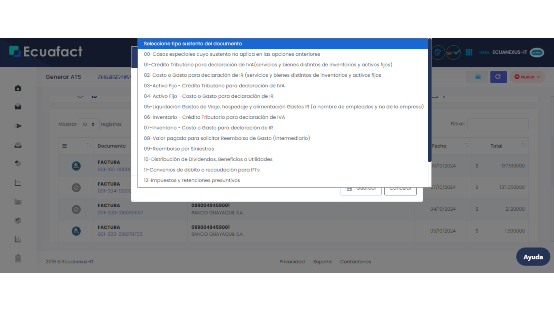 SECCIÓN ATS: Clasificar los documentos según su identificación y sustento tributario.